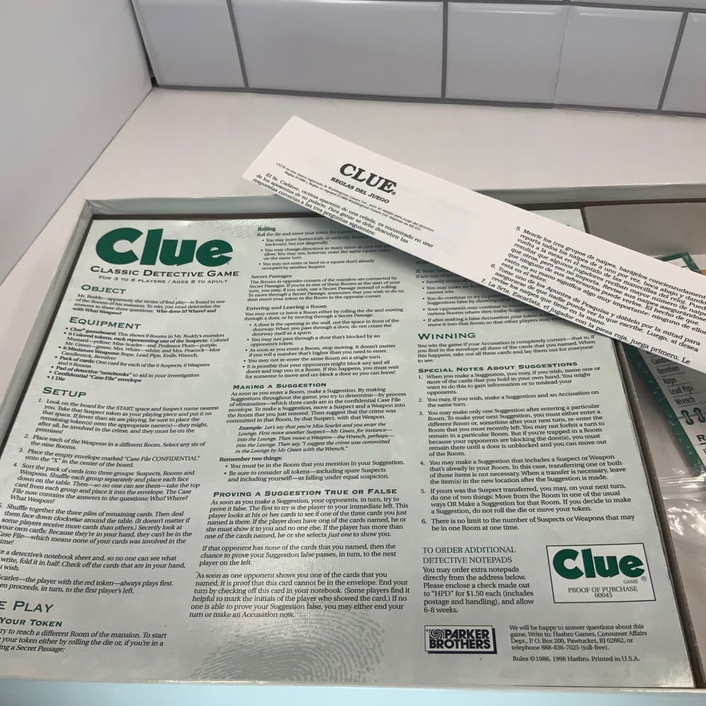 Vintage Parker Brothers Clue Classic Detective Game 00045 Complete - Picture 9 of 9